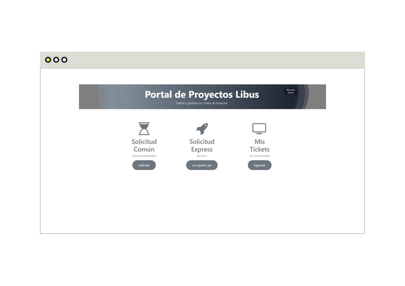 Panel Solicitud de Proyectos con tres opciones: Solicitud Común, Solicitud Express y Mi Tickets