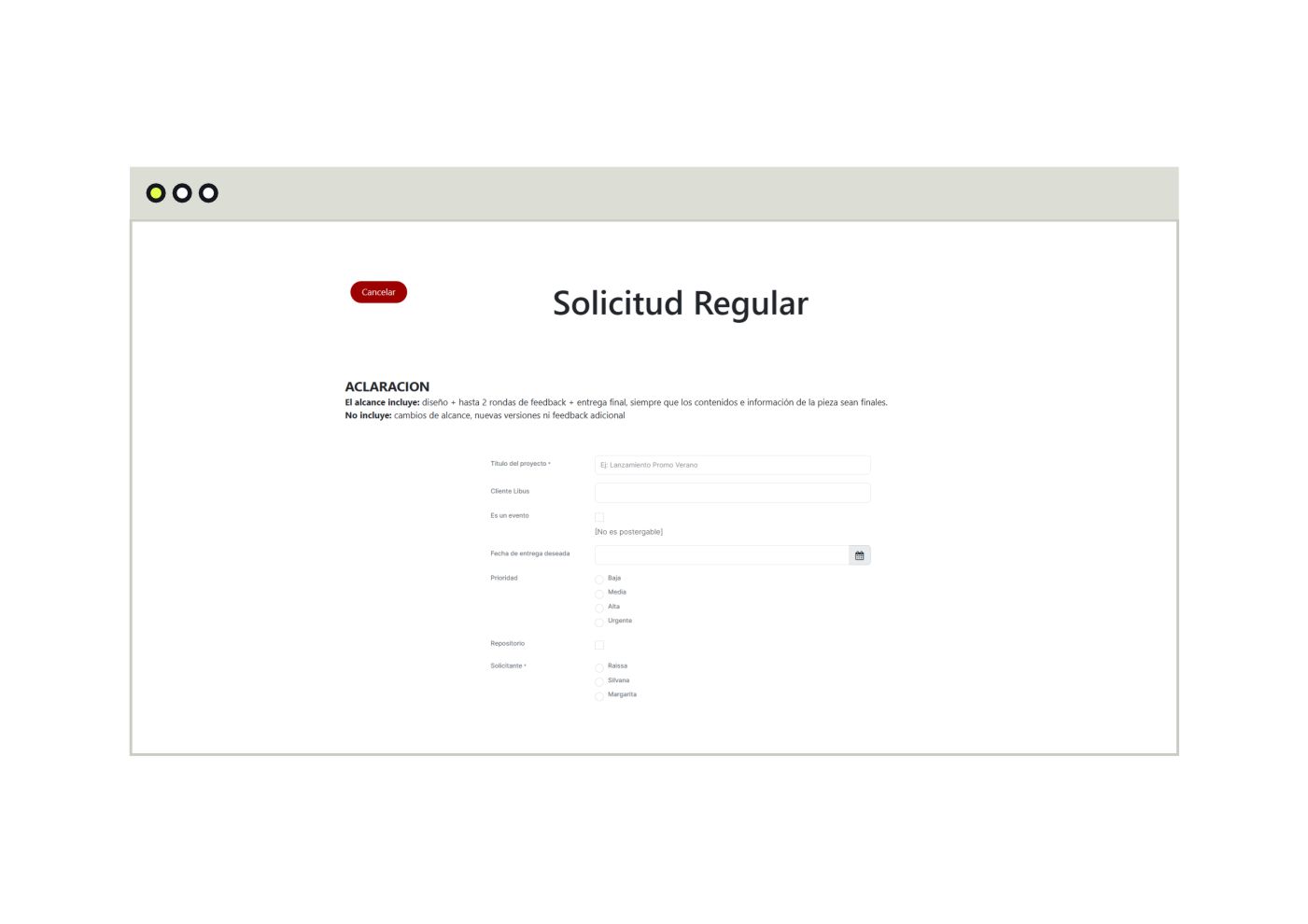 Formulario Solicitud Regular con sus campos